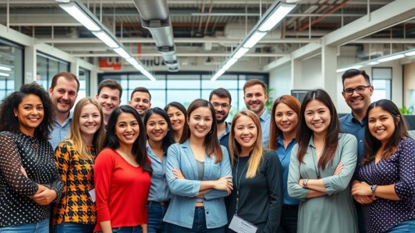 Diverse team at AI food waste management company, group photo in modern office.