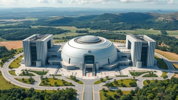 Aerial view of a futuristic nuclear fusion test facility surrounded by greenery.