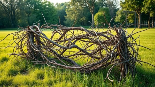 DIY dead hedge made of branches in a grassy field.
