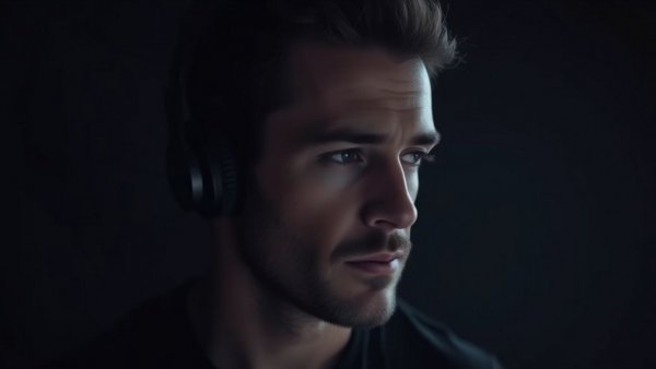 Dark moody portrait of man in headphones representing an unstoppable mindset.