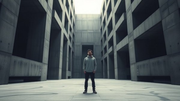 Person in a concrete labyrinth, illustrating AI infrastructure protests.