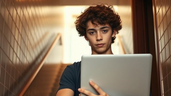 Person holding a laptop in a stairwell, Apple MacBook Air M5 updates context.