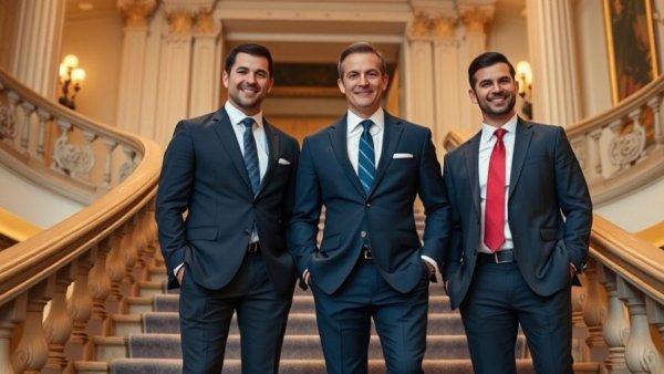 Professionals in AI-driven antibody discovery smiling on a staircase.