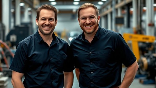 Friendly colleagues in an industrial setting related to dry electrode coating technology.