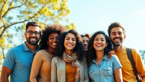 Group of smiling individuals outdoors under sunny blue sky