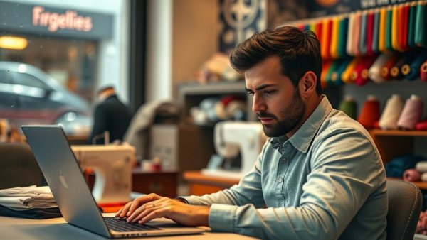 Focused person in tailor shop using laptop, studying $599 Apple Pricing Strategy.