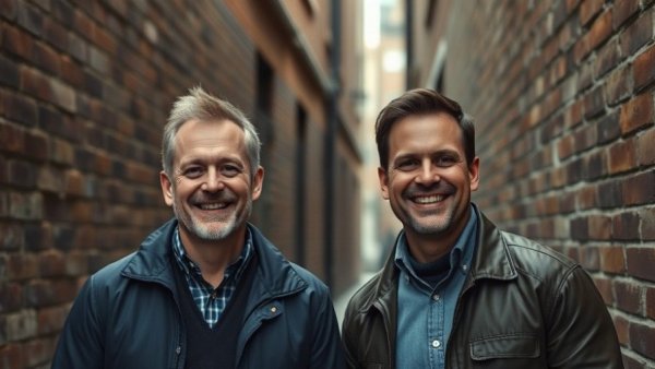 Two men smiling in an urban alleyway, casual scene.