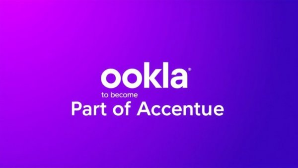 Accenture acquires Ookla announcement with purple background.