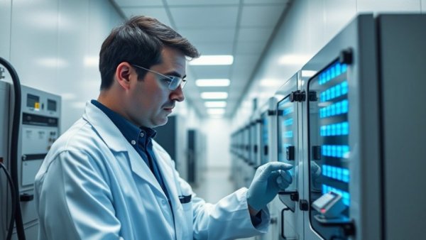 Technician examining battery equipment at Wildcat Discovery Technologies.