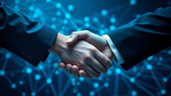 Business handshake with digital network, automate small business M&A.