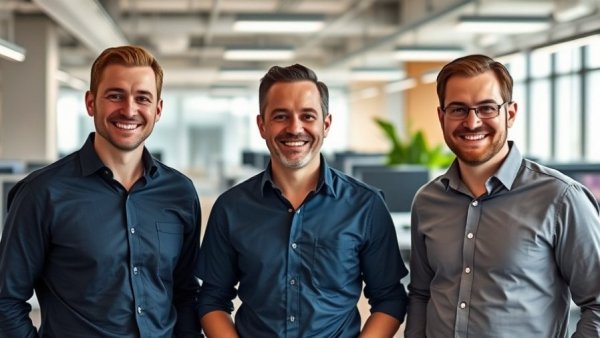 Three men in an office showcasing AI tax platform financing shirts.