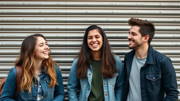 Young adults laughing together in front of a textured wall.