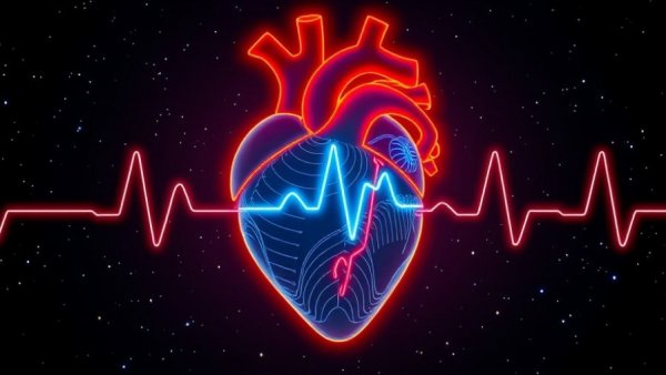 AI echocardiogram analysis illustration with neon heart and beats.