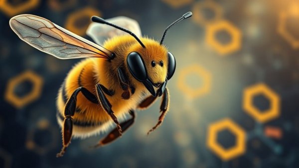 Futuristic Bumble AI assistant bee with hexagon tech background.