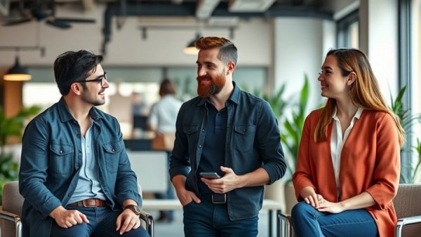 Professionals in an office discussing AI-native training for Slack and Teams