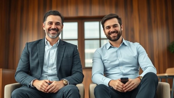 Two businessmen discussing automate AML compliance in office setting