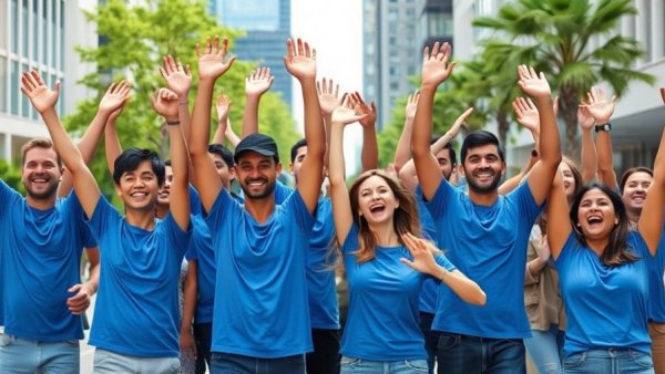 Upvest team celebrates milestone with raised arms outdoors.