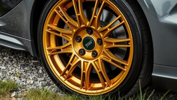 Gold alloy car wheel with intricate design on gravel.