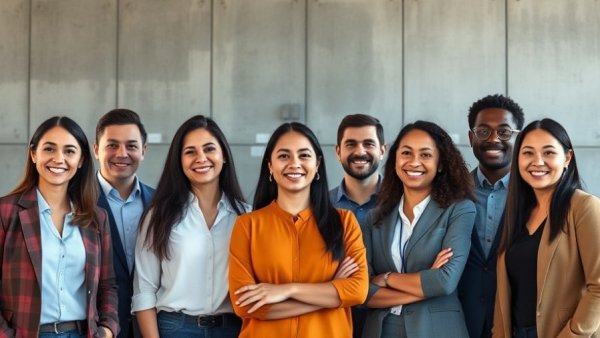 Professionals posing confidently in front of a concrete wall, representing collaboration.