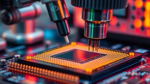 Close-up of semiconductor wafer highlighting tech for quantum computing in healthcare.