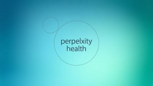 Perplexity Health graphic with circular symbols on blue-green gradient.