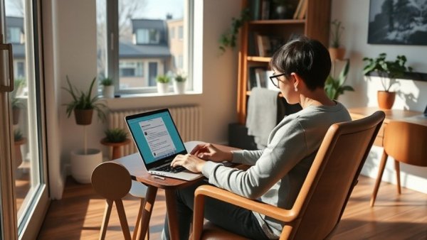 Person using private email services on laptop in home office.