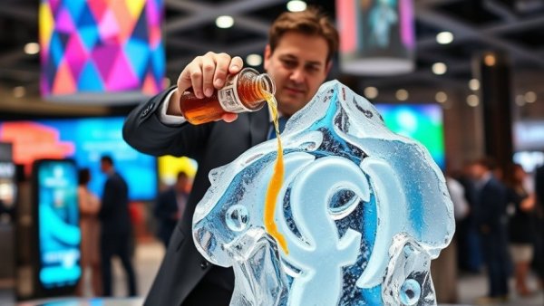 Corporate executive pouring liquid on ice sculpture at tech event.