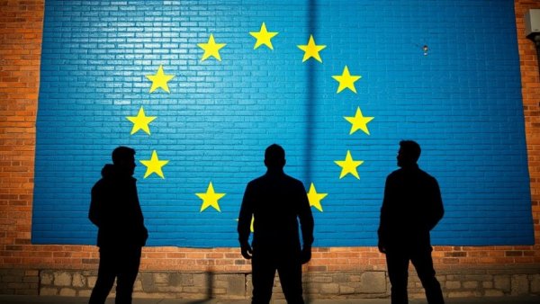 Silhouetted figures in front of EU flag, big tech regulation theme.