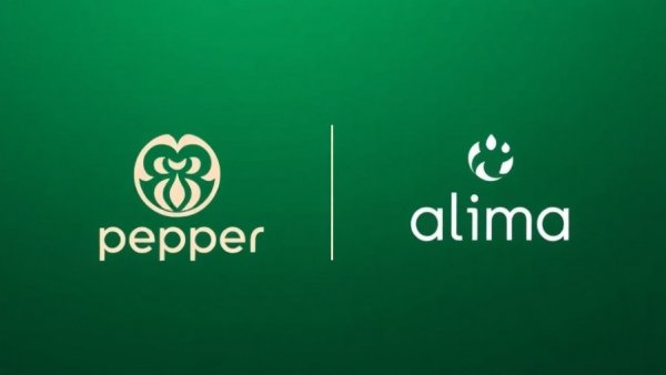 Brand logos of Pepper and alíma on a green background, related to AI in food distribution.