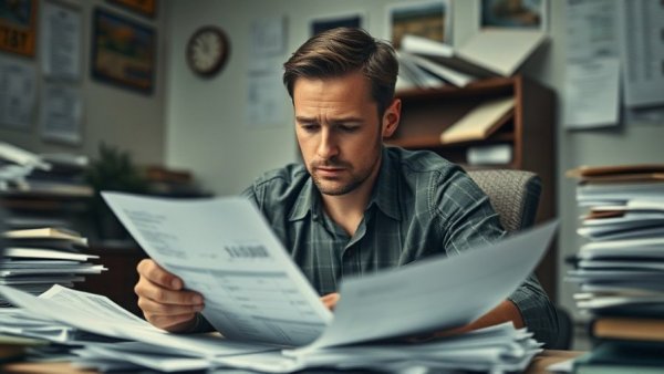 Cost of manual invoice processing represented by paperwork and charts.