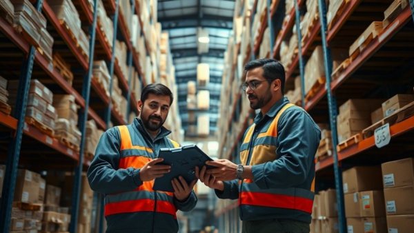 Decathlon Exotec warehouse productivity scene with workers and technology.