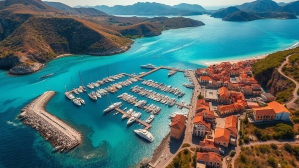 Aerial view of a coastal town with marina and yachts.