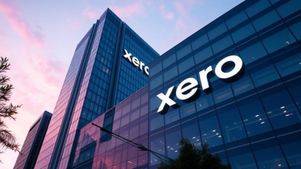 Modern building with illuminated Xero logo at dusk