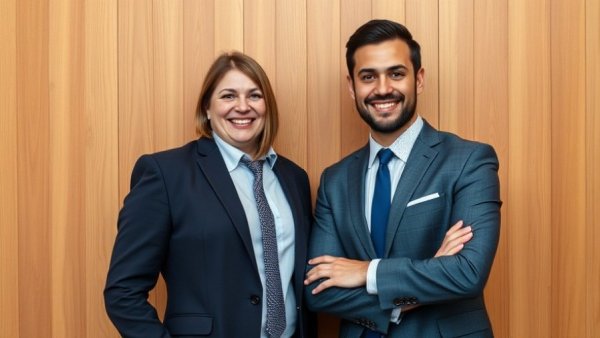 Confident professionals smiling against a wooden wall, AI amplifies confusion