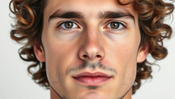 Man with curly hair, neutral expression in close-up portrait.