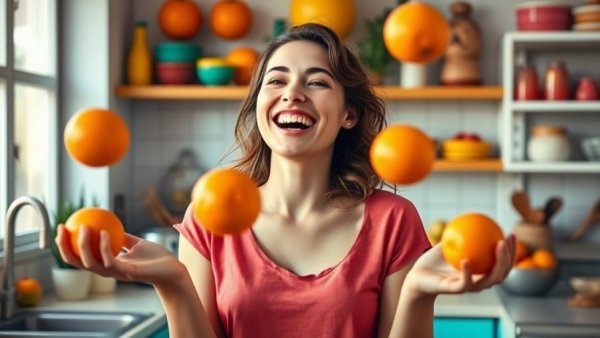 ActiveCampaign free trial visual with a joyful woman juggling oranges.