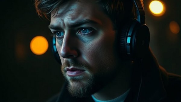 Contemplative man with headphones in a podcast setting, coping with life's setbacks theme.