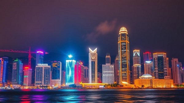 Vibrant Hong Kong skyline at night highlighting Chinese tech companies.