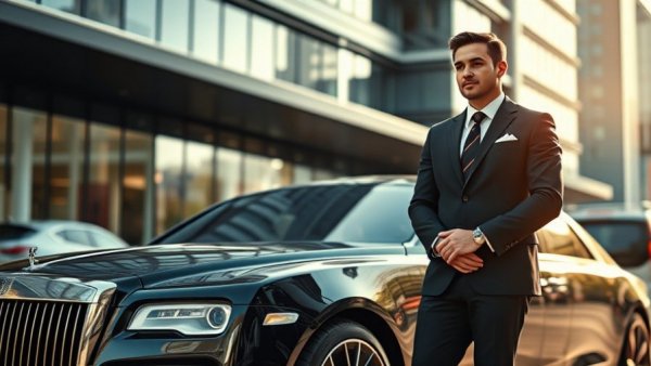 Uber acquires Blacklane, luxury car with businessman in urban setting.