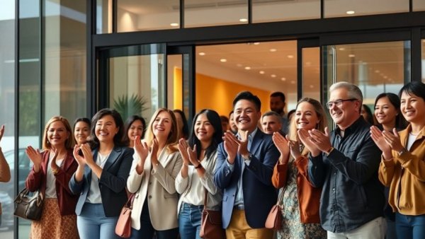 Group celebrating at a modern store entrance