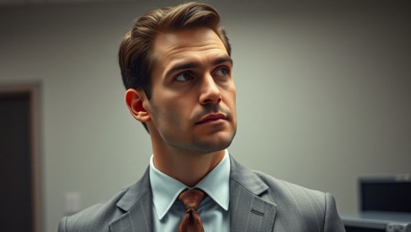 Contemplative man in a suit in an office setting.