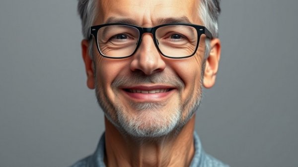 Portrait of man in glasses smiling against gray background.