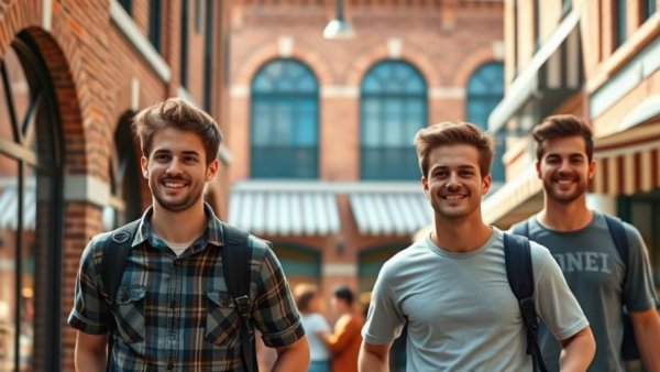Two men smiling while walking in a historic area.