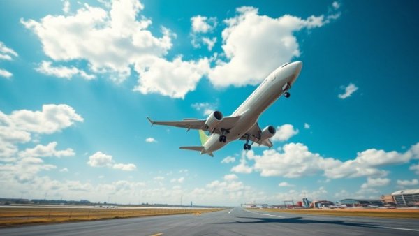 Passenger airplane taking off from runway under blue sky.