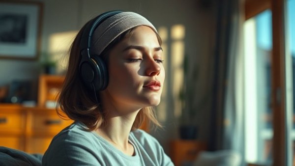 Young woman with Audicin headband relaxing in soft sunlight.