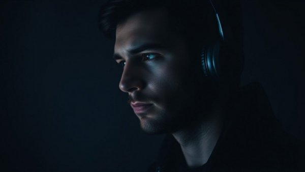 Contemplative man feeling stuck, wearing headphones in a moody setting.