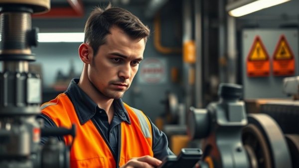 Worker in an industrial setting inspecting equipment, highlighted under soft lighting with tools around.