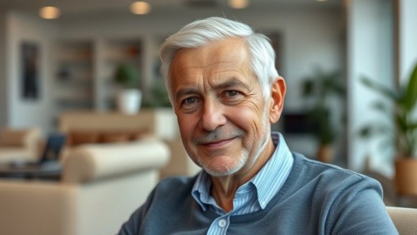 Calm older man smiling slightly in a modern office setting, representing the credibility economy in AI.