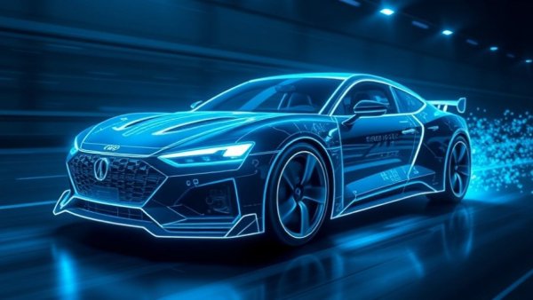Futuristic car with digital wireframe in motion, Quantum Fluid Dynamics Simulation