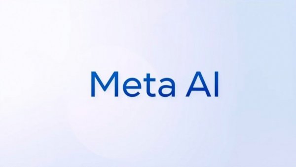 Modern Meta AI logo with gradient circle and text on light background.